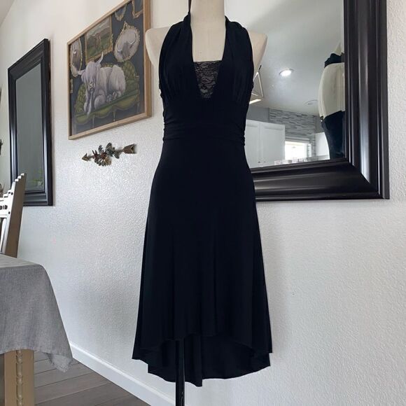 Twenty One Womens Halter Neck Sleeveless Hi-Low Hem Lace Trim Dress Black Medium - Picture 1 of 11